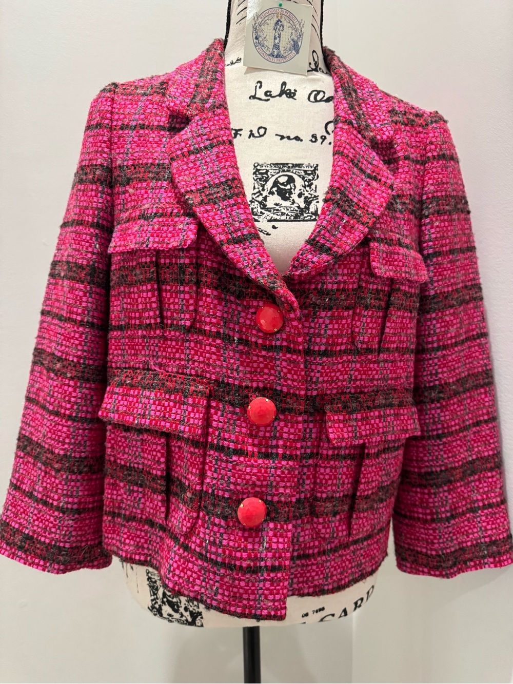 Kate Spade NY Pink & Black Plaid Tweed Wool Blend Blazer Ornate Button Sz 10